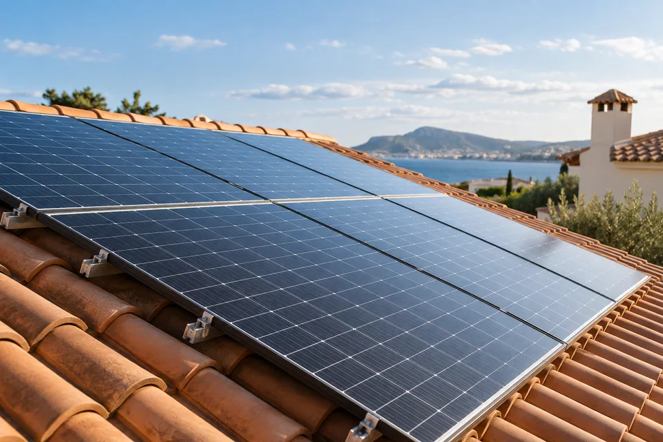 Paneles solares fotovoltaicos sobre una cubierta de teja